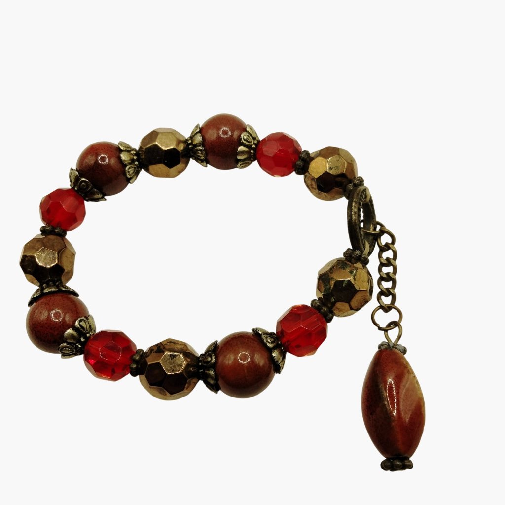 Vintage Style Beaded Bracelet Red Gold Beads Antique Gold Accents